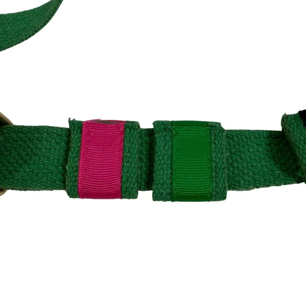 Vintage Green Adjustable Woven Belt Pink Green Navy Ribbon Accents w/ Charms